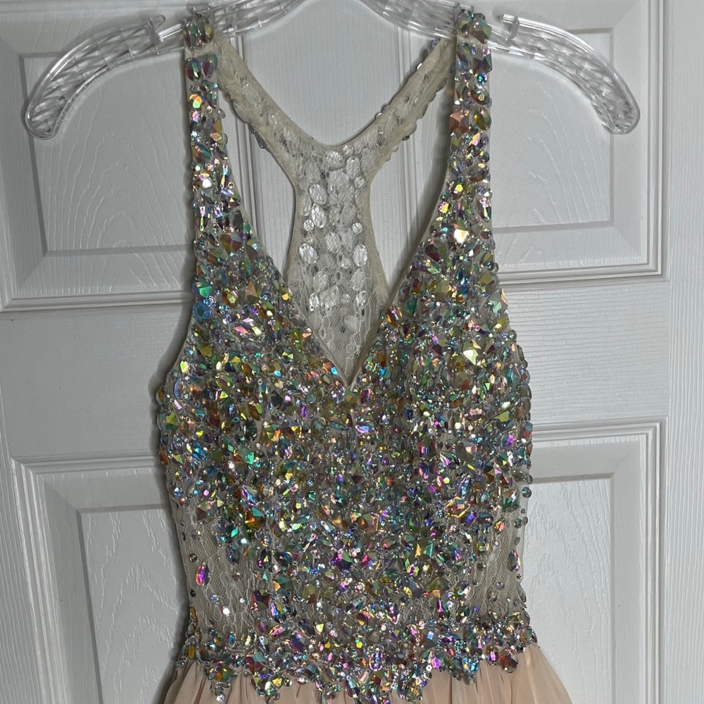 EUC! Champagne Jewel / Sequin Chiffon Party Dress Short Homecoming Prom Wedding
